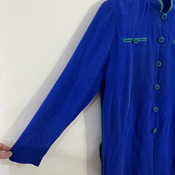 Shomi 100% Silk Blue Button Up Vintage Blouse Teal Green Trim NWT $198 Retro - Picture 9 of 9